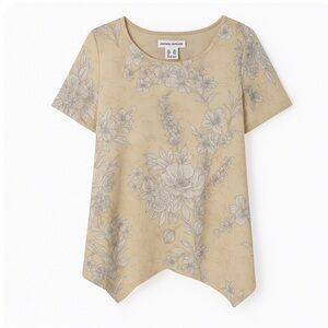 Susan Graver Asymmetrical Floral Print Top Beige Women’s Size Large EUC